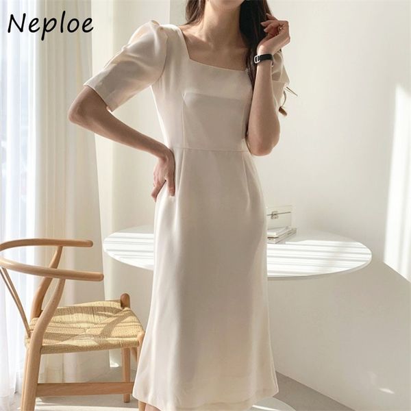 

square collar short sleeve pullover dress women high waist hip a line sli vestidos summer solid robe temperament 210422, Black;gray