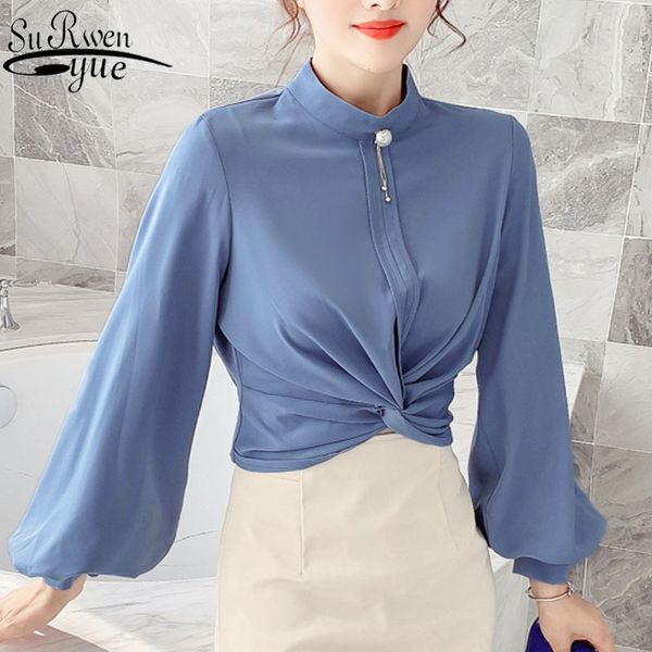 

spring blouses women white long sleeve shirts for beading chiffon blouse solid stand puff sleeve 7947 50 210427