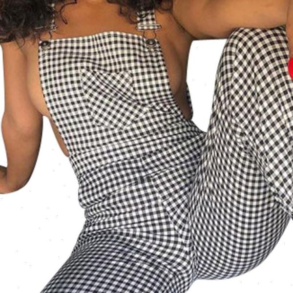 

sleeveless dungarees strap loose plaid women jumpsuits backless long playsuit clothes h, Black;white