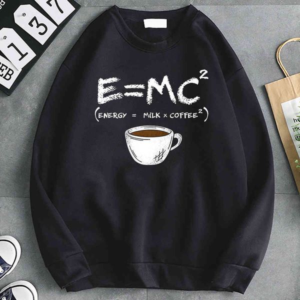 

energy = milk + coffee - men's hoodie, long sve, loose, pocket, wool, animation, round neck street cloth, Black