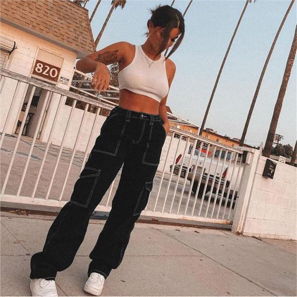 

female jeans black loose wide leg casual trousers high streetwear with pockets women denim pants patchwork long women's & capris, Black;white