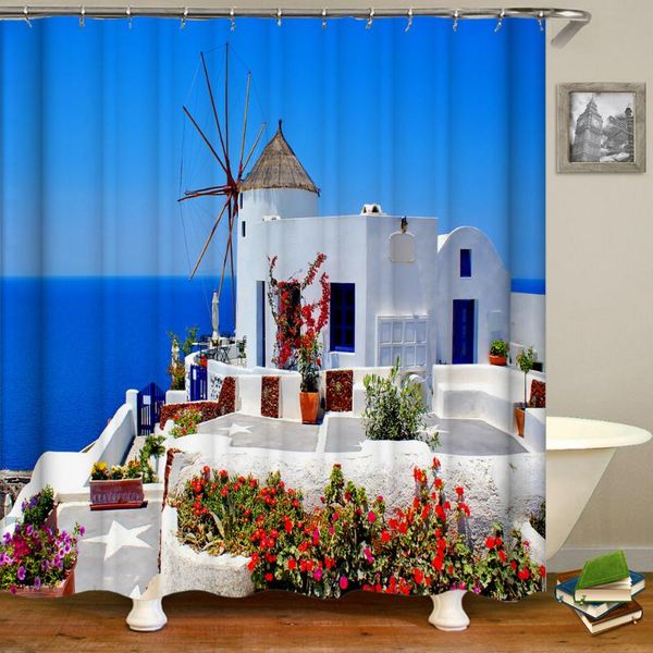 

mediterranean island flower landscape shower curtains bath curtain waterproof bathroom decor washable printing bathing