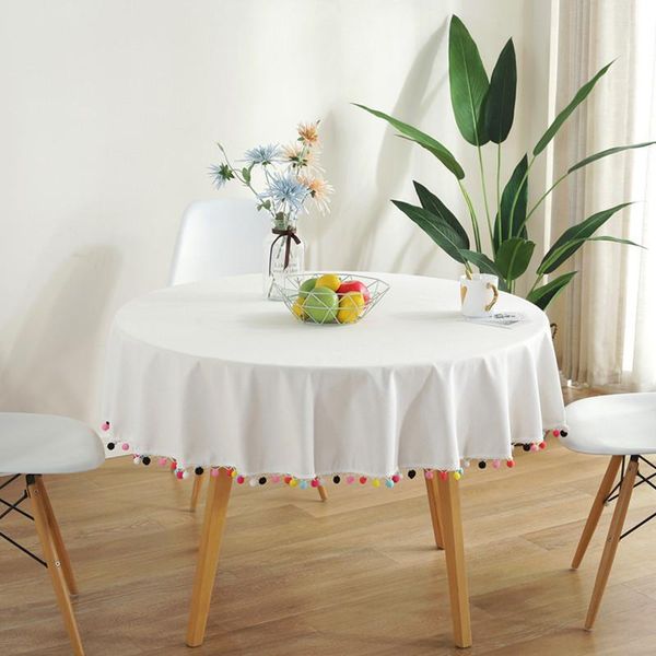 

table cloth christmas decoration round tablecloth white cotton linen fabric & colored tassel ball splicing for home party lx2021