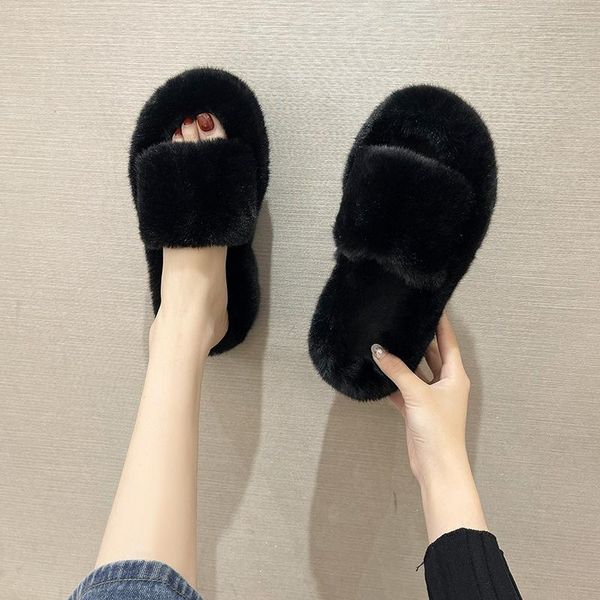 

slippers flat shoes female casual flock big size slipers women slides fur flip flops platform luxury 2021 plush rubber with, Black