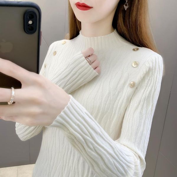 

women's sweaters 216334, row 2, no. 4, lower part] solid color button vertical pit pattern half high collar bottoming shirt [2000] 32, White;black