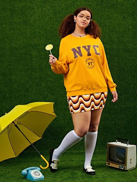 

plus letter graphic drop shoulder pullover 78hs#, Black