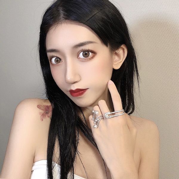 

ring female korean fashion temperament simple personality multi layer pearl metal adjustable ring, Silver