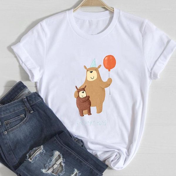 

women's t-shirt 6aesthetic women t shirt multicolor flower print tshirt cute bear animal graphics tee ladies casual, White