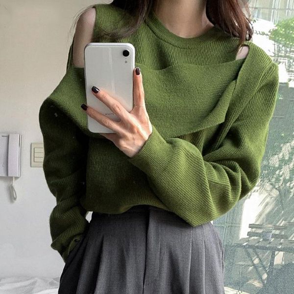 

women's sweaters 2021 fall winter woman korean fashion sweater women clothes fake two piece knit pull femme y2k off shoulder, White;black