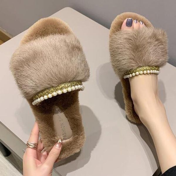 

slippers 2021 pearl fur women indoor furry flat slides warm winter plush house shoes for xx510, Black