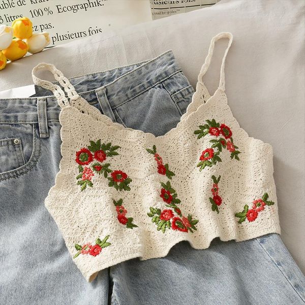 

floral embroidery camisole summer women tank beach wear v neck bohemian crop girls spaghetti strap vest female, White