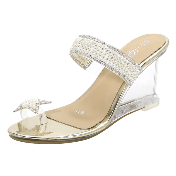 

summer women slippers fashion party shoes slippers peep toe transparent string bead wedges high heels 8cm slides female, Black