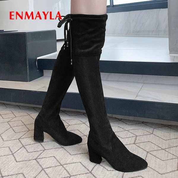 

boots enmayla 2021 faux suede slim flcok over-the-knee round toe stretch winter women hoof heels size 34-43, Black