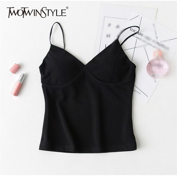 

twotwinstyle v neck vest female spaghetti strap tank corset women zipper crop spring summer casual clothing 210401, White