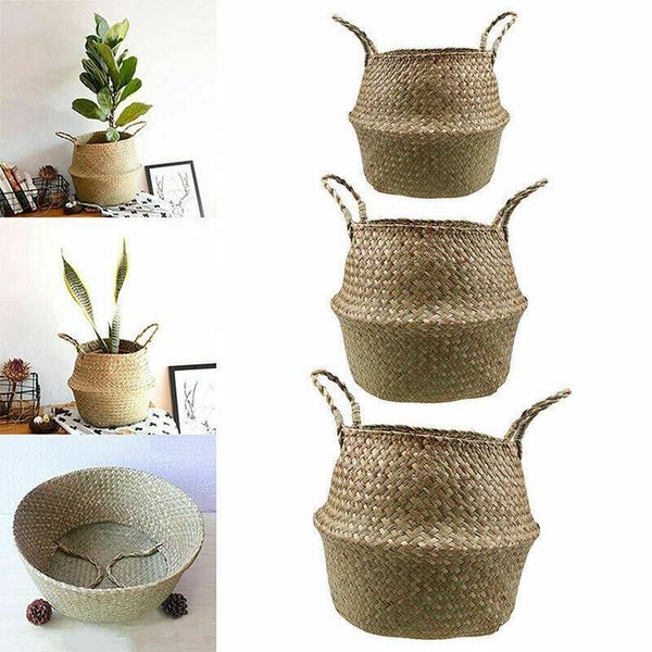 

storage baskets household foldable natural seagrass woven basket pot garden flower vase hanging wicker bellied