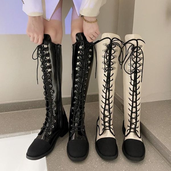 

boots women's mixed color motorcycle winter knee-length lace-up casual thick-soled mid-heel mujer zapatos, Black