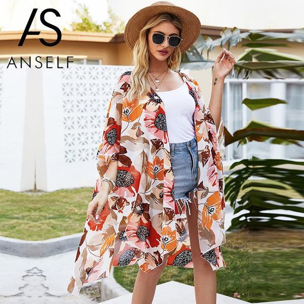 

summer fashion kimono women floral print cardigan batwing half sleeve split hem open front sheer loose beachwear blouse women's swimwea, White;black