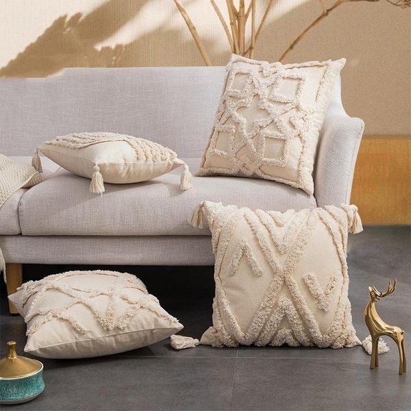 

cushion/decorative pillow beige geometric tufted cushion fringed decorative pillowcase home decoration square pillows for sofa without core