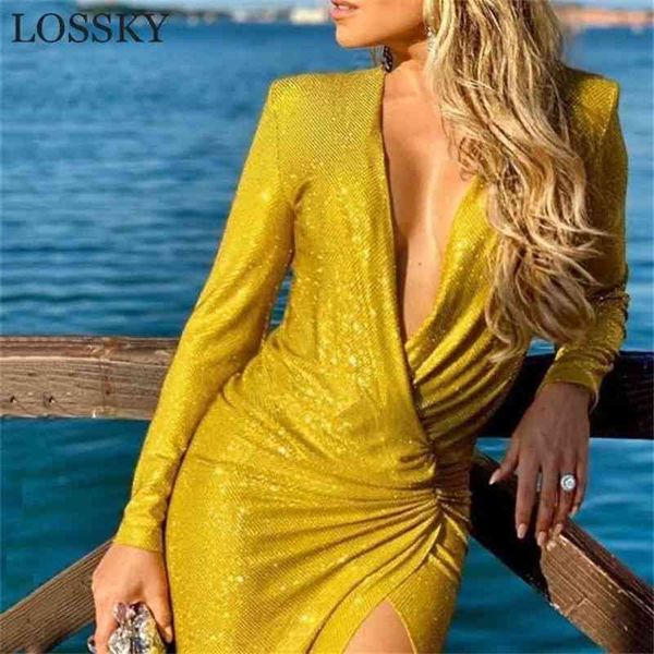 

women gold glitter shiny long club party dress autumn winter sleeve deep v neck high split slim stretchy maxi 210520, Black;gray