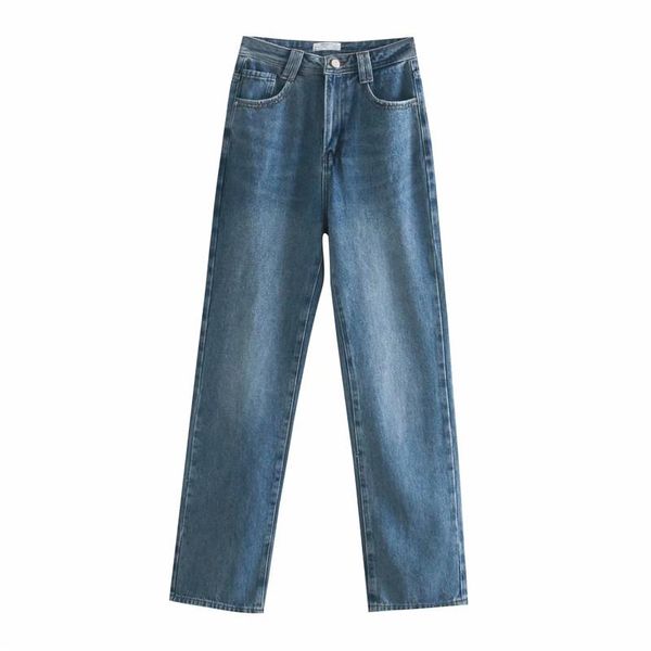

evfer women casual high waist blue autumn long cotton jeans female elegant pockets straight pants ladies chic zipper pantalones women's
