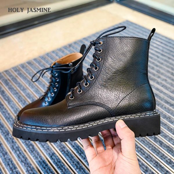 

boots 2021 natural leather women ankle retro autumn winter thick square heels cross tied zip short ladies platform, Black