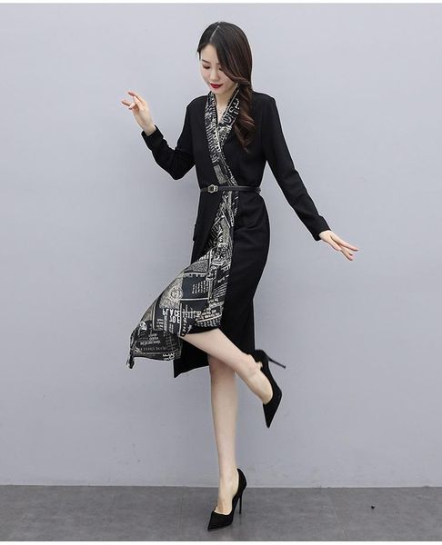 

long-sleeved dress female spring temperament v-neck waist mid-length stitching asymmetrical bottoming a line casual dresses, Black;gray