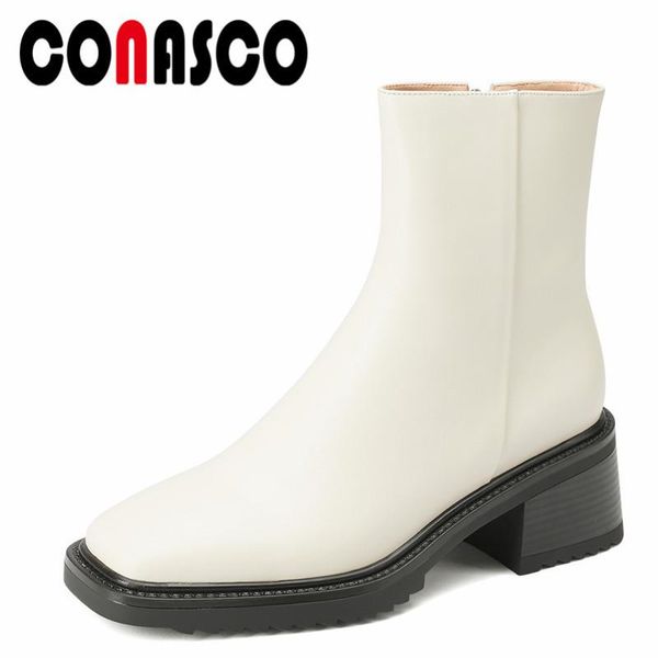 

boots conasco elegant women ankle autumn winter warm genuine leather causal basic prom office concise high heels shoes woman, Black