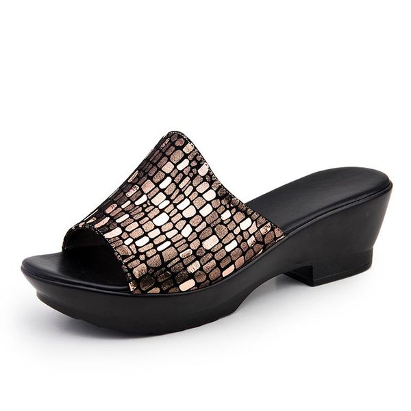 

slippers women genuine leather shoes casual slides summer bling mother wedges sandals, Black