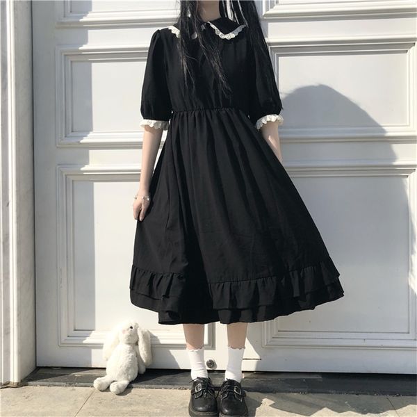 

japanese college style summer sweet peter pan collar kawaii lace ruffles short sleeve mori girl black woman dress, Black;gray