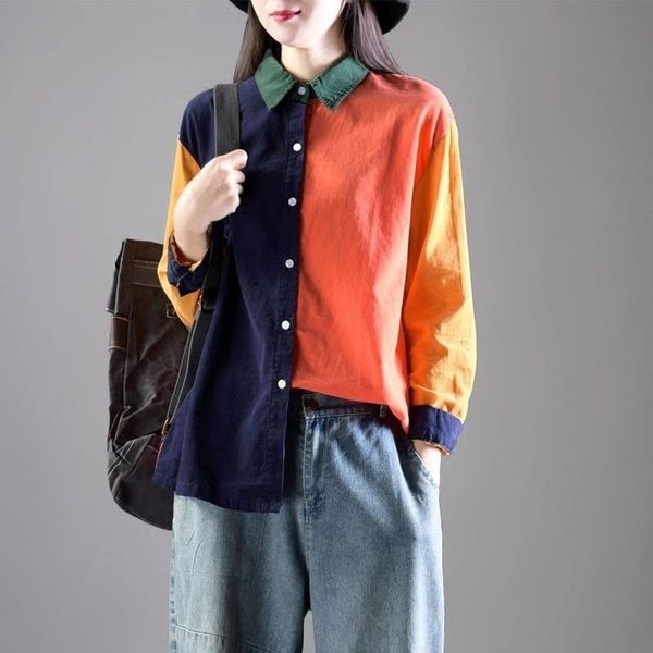 

shirts spring autumn female mode long sleeve loose turn-down collar cotton corduroy patchwork color bluffs m245, White