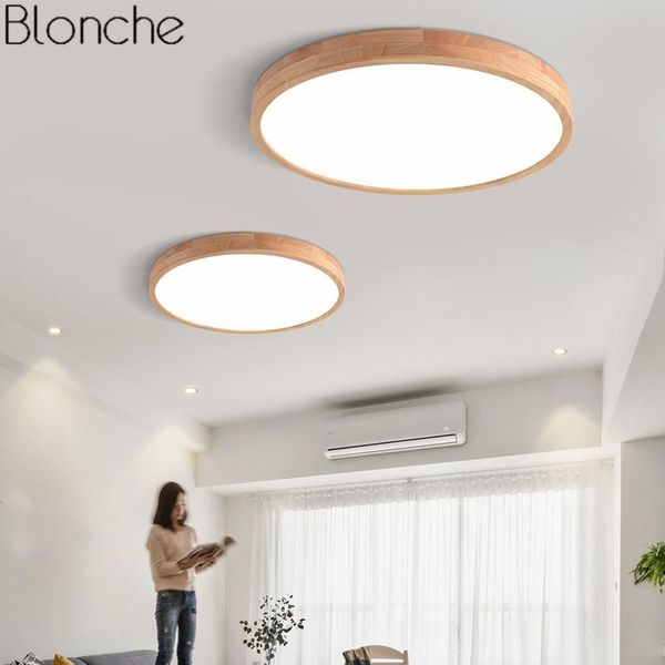 Luzes de teto Japonês ultra-fino 6cm lâmpada de madeira redonda moderna LED para sala de estar quarto de iluminação interior decoração