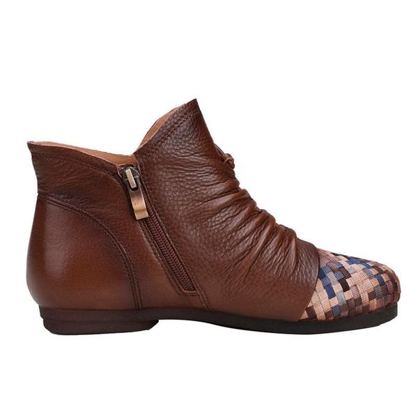 

boots winter retro woven soft-soled western shoes for women genuine leather ethnic casual round toe ladies short 1 480t, Black