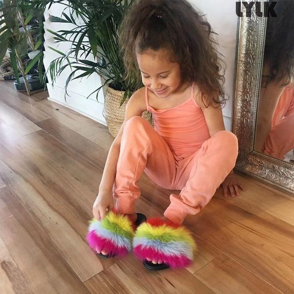 

slipper kids real fur slippers children' fashion fluffy soft cute shoes baby indoor furry flip flops summer girl' plush slides, Black;grey