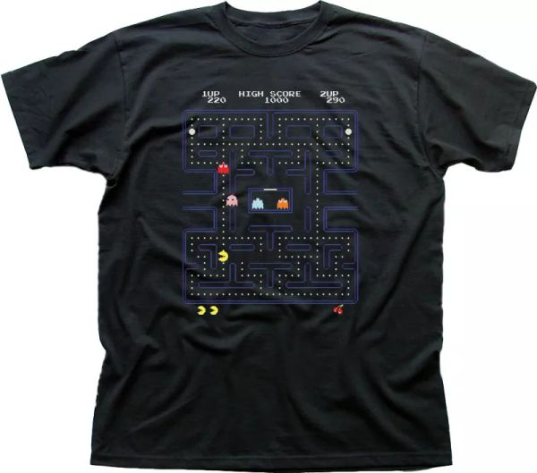 

pacman arcade game 80's retro black printed t-shirt 9861, White;black