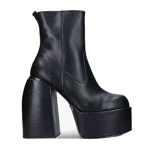 Couro de pele de carneiro 14 cm de lady square salto alto salto alto botas de tornozelo mulheres meias botas de dedos quadrados plataforma plataforma curta tênis de casamento de pelúcia com zíper 35-43 82613