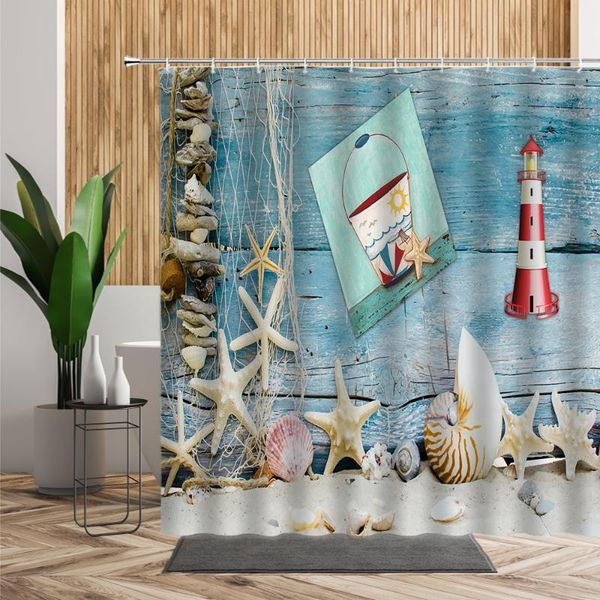 

shower curtains beach creative curtain shell conch tower bath set blue wooden stripes backdrop printed fabric 3d bathroom decors