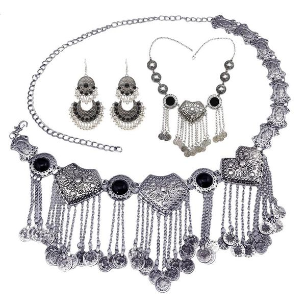 

earrings & necklace vintage ethnic jewelry sets for women blue black stone coin tassel statement belly chain earring gypsy tribal gift, Silver