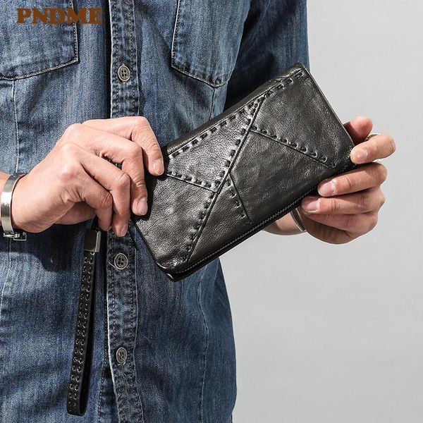 

wallets pndme designer handmade stitching genuine leather men's women's clutch wallet fashion casual sheepskin phone purse, Red;black