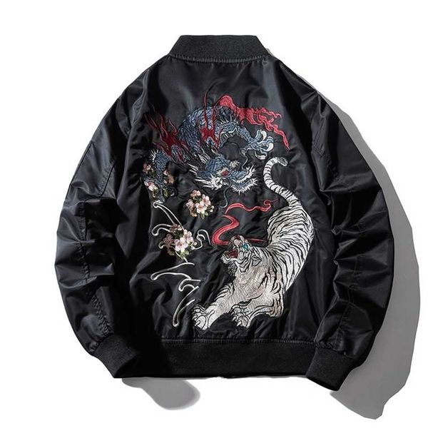 

embroidery mens bomber jacket dragon tiger autumn winter pilot jacket men hip hop japanese baseball youth jacket streetwear 211009, Black;brown