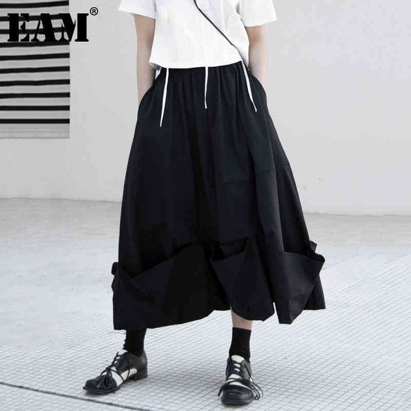 

[eam] black casual irregular pleated pockets high elastic waist half-body skirt women fashion spring summer 1dd8480 21512