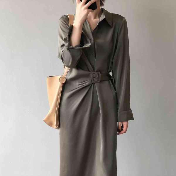 

Korean and Japanese front fashion tied elegant spring long sleeve satin dress a283, Black;gray