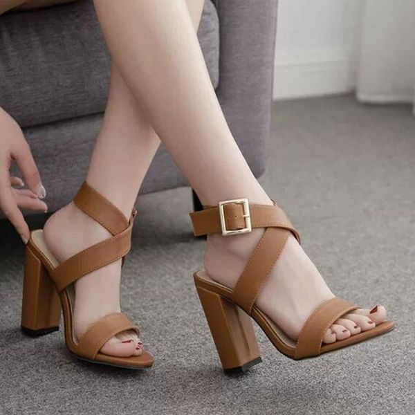 

sandals elegant leather strap women summer office casual shoes female retro rome sandal buckle high heel gladiator sandalias, Black