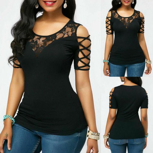 

women's t-shirt women 2021 arrival slim fit bandage summer lace dew shoulder short sleeve casual shirt outwear, White