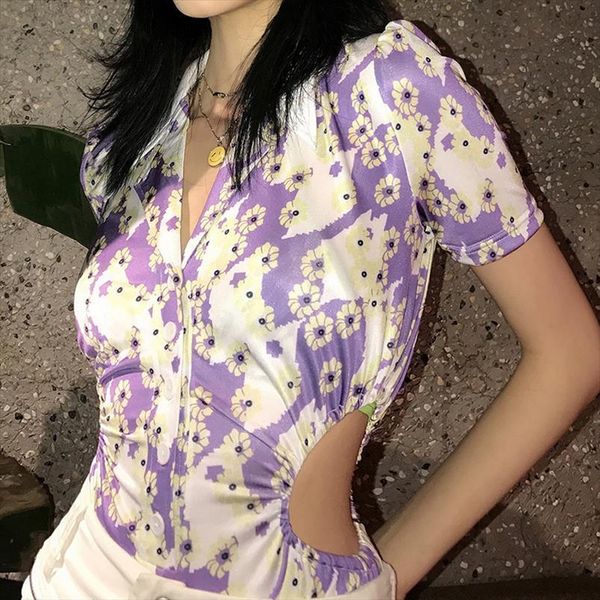 

summer floral print vintage bodysuit womens shirts womem short sleeve lapel v neck hollow out elegant bodysuits female, White