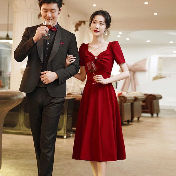 

luxury evening dress wine red toast bride 2021 summer engagement small french wedding dr, Black;gray