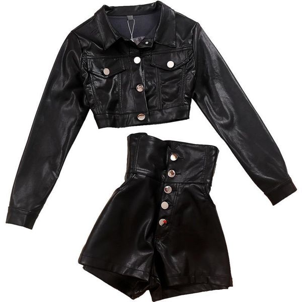 

women's tracksuits 2021 autumn fried street leather suit pu jacket single-breasted high waist shorts fashion two - piece, Gray