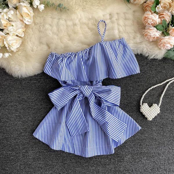 

women's blouses & shirts camicia mujer navy wind one-shoulder spaghetti strap striped shirt summer skew collar ruffles lace-up tunic bl, White