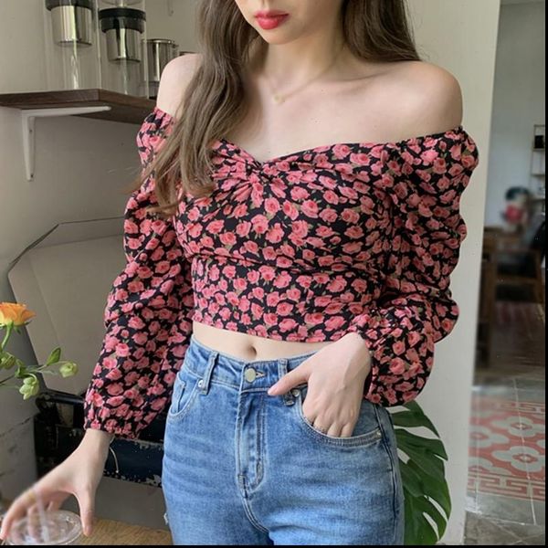 

chiffon sweet wild floral print women blouses off shoulder slash neck long sleeves, White