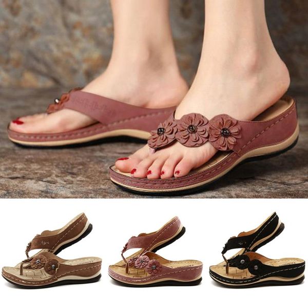 Sandálias Verão Mulheres Flor Wedge Senhoras Aberto Toe Sapatos Casuais Plataforma Flip Flops Slides Beach Woman Sandalia