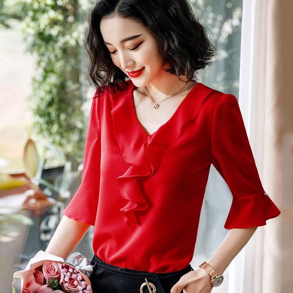 

women's blouses & shirts plus size 5xl 8xl summer chiffon blouse office lady fashion women ruffle half sleeve casual white red
